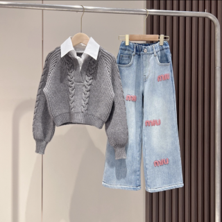 女童冬季新款韩版假两件衬衫加厚毛衣甜酷绣花加绒牛仔直筒裤套装
