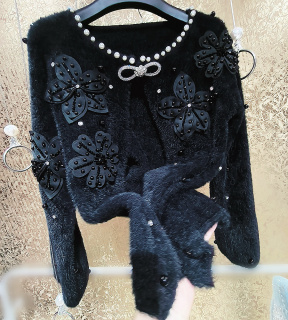 韩国 高端定制 重工钉珠珍珠满天星水钻立体花朵貂绒针织保暖外套